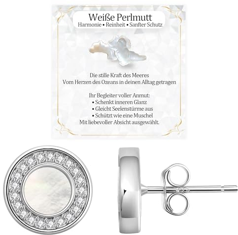 JANDY SHINE Weiße Perlmutt Ohrringe für Damen 925 Sterling Silber Hypoallergene Natürlicher Edelstein Ohrstecker mit 5A Zirkonia, 10mm Durchmesser (Silber)