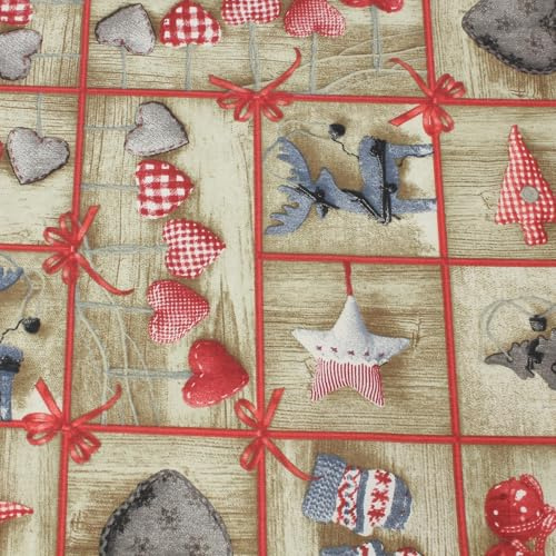 Weihnachtsstoff Meterware Beige 140 cm – Festlicher Stoff mit Weihnachtsdeko, Baumwolle Polyester, Herzen, Hirsche, Sterne & Tannenbäume