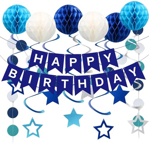 HAYGEM 57 Pezzi Striscione Buon Compleanno Set, Blu Festoni Compleanno, Happy Birthday Decorazioni Palla a Nido D'ape, Decorazioni Fotografiche per Feste di Compleanno per Ragazze e Ragazzi