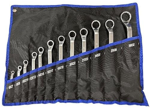 GEAR4GARAGE 12PC Offset Ring Wrench Set 6–32mm – Chrome Vanadium Spanner Set with Roll-Up Tool Bag for Mechanics & DIY