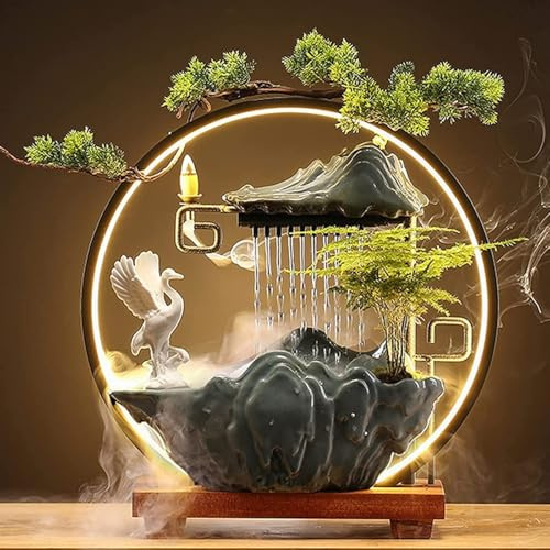 VLFLG Kranich Dekorativer Wasserbrunnen Wasserfall LED Indoor Dekorative Springbrunnen für Meditation mit Japanische Dekoration mit gefälschten Pflanzen Feng Shui Dekoration für Glück Reichtum