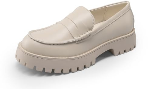 DREAM PAR Loafers för kvinnor plattform tjock penny loafer sula, bekväm dra på uppklädda vardagliga arbete affärer kontorsskor, BEIgE, 41 EU