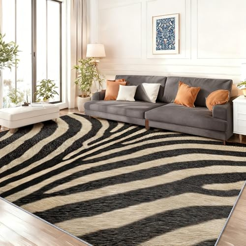 Generisch Schwarz Waschbar Teppich Wohnzimmer 140 x 200 cm - Tiere Zebra Streifen Motiv rutschfest Kurzflor Teppiche für Schlafzimmer Spielzimmer Büro, pflegeleicht Bettvorleger Flanell Teppiche