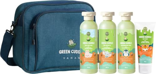 Green Cuddle - Set per la cura del bebè ayurvedico, olio da massaggio, lavaggio per bambini, lozione e crema per neonati, morbido, pulito e senza parabeni, per la pelle delicata del bambino