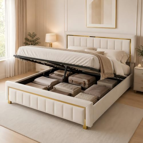 BSCFHCZ 140x200 cm Polsterbett mit Stauraum, Bett mit Lattenrost und Hydraulisch Stauraumbett, Doppelbett 140x200, Vertikale Linien und Vergoldete Kanten, Beige Samt, Ohne Matratze