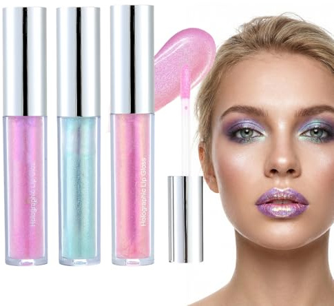 3 Stück Glitzer Lippenstift Liquid Set, Lipgloss Glitzer, High Shine Volume Lipgloss, Holographic Not-Sticky Lipstick Iridescent Makeup, High-Shine Makeup für Frauen