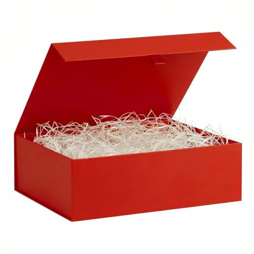KdmNzoo Rot Übergroß Geschenkbox mit Deckel 1 Stück 42x33x13.5 cm,Magnetische Geburtstag Geschenkbox,Feiertage Hochzeit Geschenkverpackung,Enthalten Karten Umschläge Raffia
