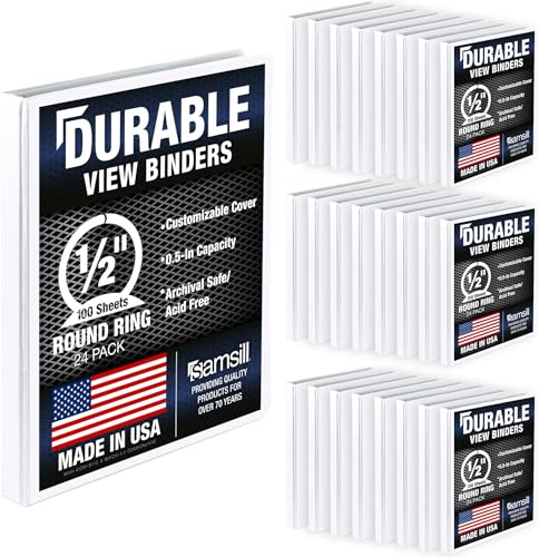 Samsill Durable .5 Inch Binder White Round Ring Binder/Customizable Clear View Binder/Bulk Binder 24 Pack/White 3 Ring Binder/Half Inch Binder