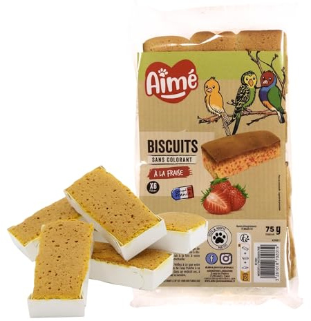 Aimé, Biscuits à la Fraise pour Oiseau, Génoise Gourmande 6 x 75 g, Friandise Naturelle pour Perruches et Canaris, Snack Croquant et Savoureux, Enrichi en Céréales pour Oiseaux Domestiques