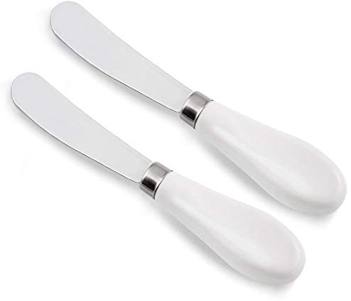 ONTUBE Buttermesser Set mit 2 Edelstahlklingen mit Porzellangriff, 15 cm großer Kreis, Weiß