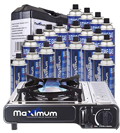 MaXimum Premium Edelstahl Gaskocher mit Tragekoffer + 20 MaXimum Gas Kartuschen