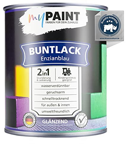 myPaint 2in1 Buntlack Glänzend (750ml Enzianblau/Blau RAL 5010) – Wetterfeste Holzfarbe Holzlack & Küchenmöbellack. Getrocknet sicher für Kinderspielzeug. Für Innen & Außen