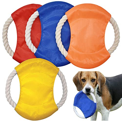 Forreen Frisbee para perro, 4 piezas de juguete de disco volador con cuerda de algodón natural, platillo colorido no tóxico resistente a las mordeduras para entrenar, jugar al aire libre en interiores