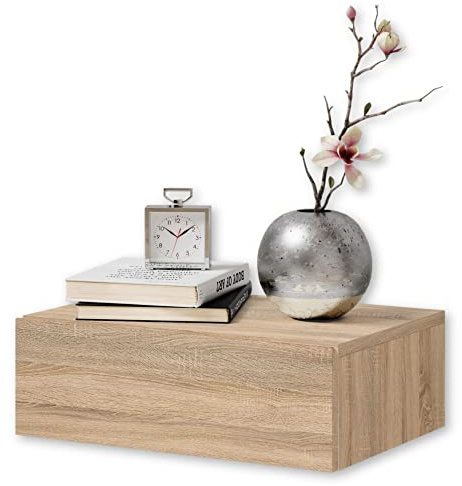 Stella Trading Nachttisch hängend, Sonoma Eiche Optik - Schwebender Nachtschrank mit Schublade und viel Stauraum - 42 x 14 x 30 cm (B/H/T) | Schwebendes Design mit griffloser Front, geräumige Schublade für Stauraum, Ablagefläche für Wecker, Schlafzimmer