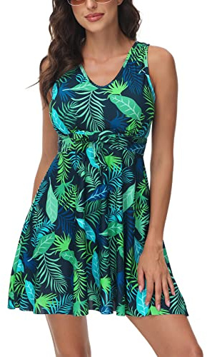 Kate Kasin Swimdress Bathing Suits for Women Two Piece Back Cross Flowy Swimsuits with Boyshorts Tummy Control Swimwear