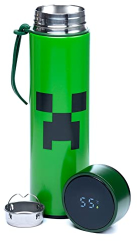 Puckator Minecraft Creeper wiederverwendbare isolierte Edelstahl Trinkflasche mit Digital Thermometer 450ml Thermosflasche, BPA frei, mit Temperaturanzeige, abnehmbarem Teesieb, Minecraft-Figuren