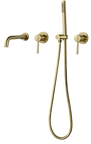 Badewannenarmatur mit Brause Badewannenarmaturen Schwarz Doppelgriff Wannenarmatur mit Handbrause Mischbatterie Dusche Gebürstetes Gold-B