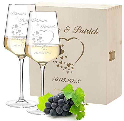 3-tlg Wein-Set mit personalisierter Wunschgravur - Motiv Herz mit kleine Herzen - 2x Leonardo Weißweingläser Puccini 560 ml, 1x Holzkiste - nachhaltig - DIY Geschenk - Hochzeit, Heirat - Paar