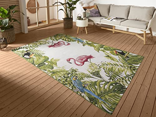 Hanse Home Tropical Birds In- & Outdoor Teppich – Flachgewebe Aussenteppich, Flamingo Jungel Palmen Design, ÖKO-TEX Wetterfest & UV-beständig für Balkon, Terrasse, Garten, Wohnzimmer - Bunt, 120x180cm