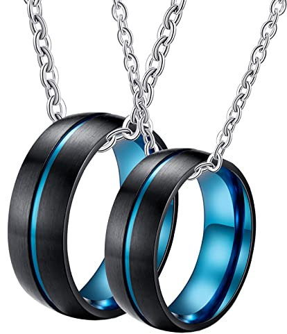 Partner Ketten mit Gravur, Pärchen Ketten für 2 Schwarz Blau Kette Personalisiert Schwarzer und Blauer Ring 8 mm Halskette für Ehefrau