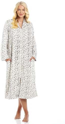 CAMILLE Vestaglia da casa in pile super morbido da donna - accappatoio di lusso con cerniera - maniche lunghe e tasche laterali, Beige Animale, 46-48 EU
