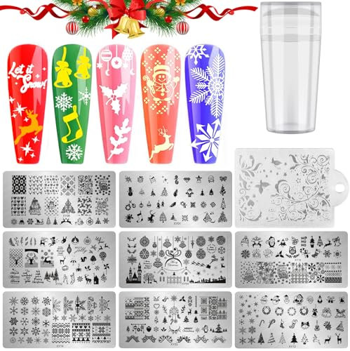 EBANKU 8PCS Weihnachten Nagel Stamping Platten Kit, Schneeflocke Stamping Platten für Gel-Lack mit 1 Nail Stamper & 1 Nail Scraper, Weihnachten Muster Maniküre Print Tools für DIY Nail Art Designs