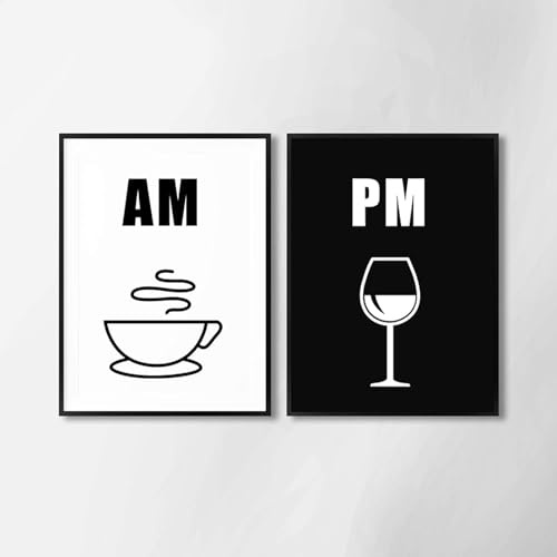 AWKFHF AM & PM Tee Kaffee Bilder,Schwarz Weiß Kreatives Trendiges Zitat Leinwandbild Poster Kunstdruck Wohnzimmer Deko Schlafzimmer Bilder Wanddekoration (2X20X30CM,ohne Rahmen)