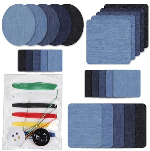 27 Stück Jean Flicken zum Aufbügeln Set, 25 Bügelflicken mit 2 Nähsets, Blau Aufnäher zum Aufbügeln für Kinder Erwachsene Jeans Jacken Taschen