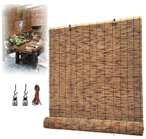 Bambusrollo Outdoor Vorhang Wetterfest 10 15 20 25 30 35 40 45 50 55 60 65 70 75cm Fenster Balkon Rollo Bambus Durchscheinend, Kaffee-Schwarze Linie