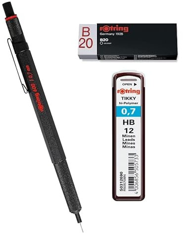 rOtring 600 Druckbleistift Set | 0,7 mm | Schwarzer Ganzmetallkörper Drehbleistift Sechskantschaft | HB 0,70 mm (12 Minen) | Radierer B20