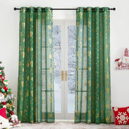 PONY DANCE Lot de 2 Rideaux de Noël - Rideau Voilages L140xH245 cm à œillets, Vert Panneaux Décorations Festives pour Chambre, Salon, Fenêtres et Baies Vitrées Interieurs