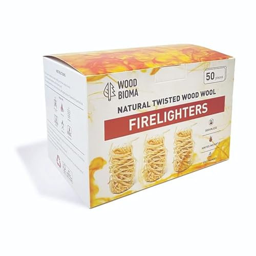 Wood Wool Firelighters, Eco-Friendly Firestarters, 50 Pieces, FSC Certified Pine Wood Shavings, 8-10 Minutes Burn Time