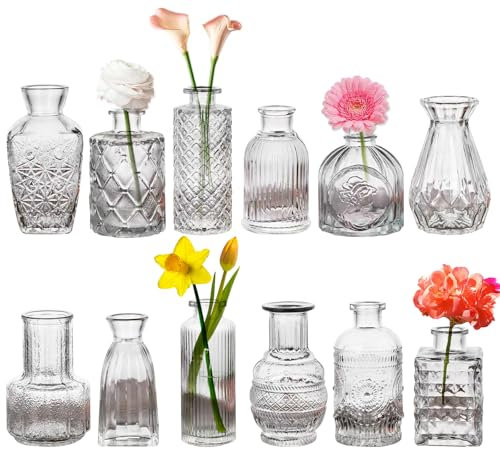 Glass Bud Vase Set of 12, Small Clear Bud Vases for Centerpieces in Bulk, Mini Vintage Vases Assorted Flower Vase for Baby Shower Wedding Floral Arrangements Home Table Decorations