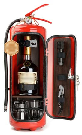 LIANGY Feuerlöscherförmiger Weinschrank, Whisky-Ausstellungsbar, Abschließbare Tragbare Aufbewahrungsbox, Metall + Holz, Rot, 34×12cm, Wohnzimmer