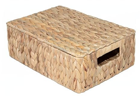 Wickerfield Water Hyacinth Woven Storage Box for Shelves Wicker Gift Hamper with Handle and Lid Small Home Bathroom Organizer (Medium)