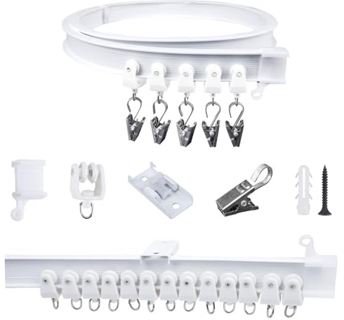FOGAWA 1m Vorhangschiene mit 8 Vorhangklammern, Deckenvorhangschiene, Flexible Gardinenschiene, Gebogen, Deckenschiene für Duschvorhangstange, Raumteiler, Vorhangschienensystem Deckenmontage, Weiß