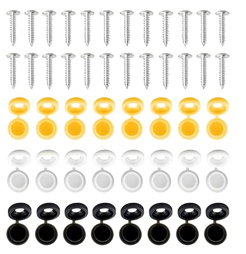 Kit di fissaggio targa da 48 pezzi con viti e tappi in acciaio inox 304 in nero, bianco e giallo, durevoli, resistenti alla ruggine, viti e tappi per targa, per auto, roulotte e barche