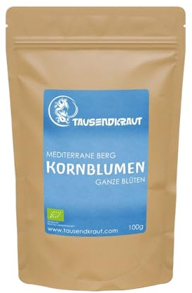 Kornblumenblüten blau BIO ganz (100g) Premium Qualität Blaue Bio Kornblumenblüten mit Kelch – getrocknet & handverlesen – Kornblumenblütenblätter angebaut von Bergbauern in Albanien Tausendkraut