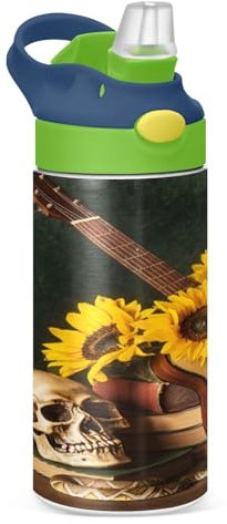 JUMBEAR Bouteille d'eau isotherme en acier inoxydable avec couvercle à paille - Motif guitare et tournesol - Pour enfants - 350 ml