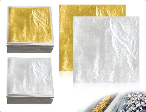 AOYEGIC 100 Fogli di Foglia d'oro, Lamina d'oro Imitazione per Artigianato, per Pittura, Unghie, progetti artistici, Decorazioni Artigianali e creazioni in Resina Fai da Te (Oro e Argento)
