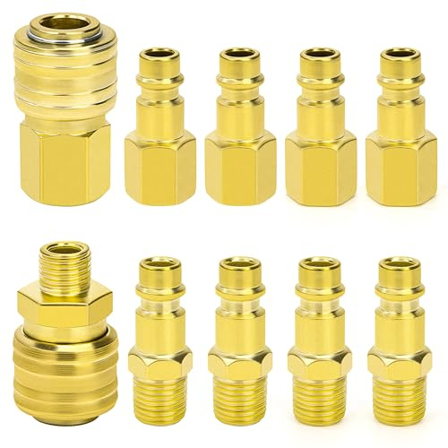 Raccord de Compresseur 1/4 BSP Raccord Rapide Pneumatique, 10 Pièces Homme Femme Raccords de Air Comprimé pour Tuyau Compresseur d'air Embout Pneumatiques (Or)