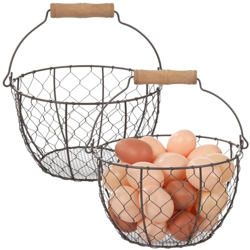 2 Pcs Wire Egg Baskets, Farmhouse Chicken Egg Collecting Baskets, Rustic Metal Egg Storages with Wooden Handle, Stackable Fresh Holders for Fruits, Vegetables, Sundries