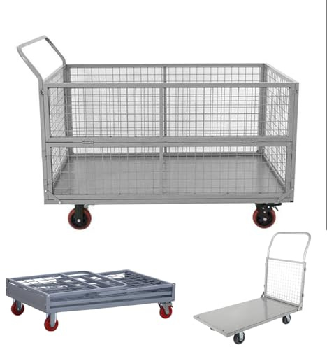 Schwerlast-Plattformwagen mit Gitter, 149 x 99 cm (L x B), Stahl, extragroße Ausführung, Faltbarer Mehrzweck-Pritschenwagen, 1000 kg Tragkraft, für Lagerhallen(150x100x92cm)