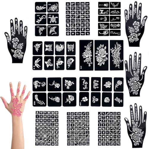 Henna Tatuajes 14 Hoja Tatuajes Temporales 247 Piezas Tattoo Plantilla Pintada Reutilizable Arte Corporal para la Cara Manos Pies Hombros y el Cuello para Niños y Adultos