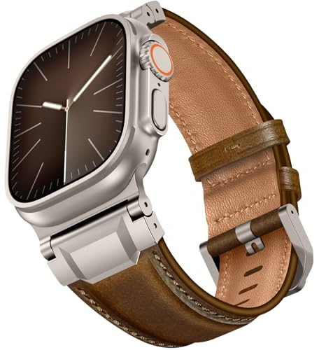 Miimall äkta läderarmband för Apple Watch Ultra 3/2/Ultra 49 mm, serie 11/10 46 mm, 9/8/7 45 mm, iWatch SE3/SE2/SE/serie 6/5/4 44 mm, läderband med metallkontakt för män kvinnor, Apple Watch Ultra