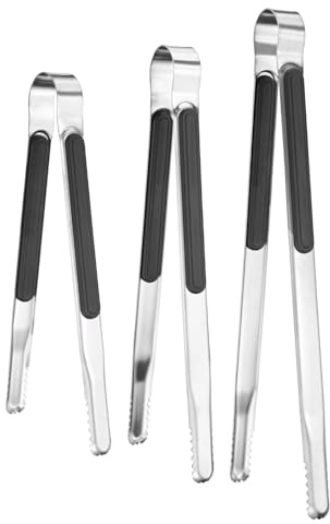 M METERXITY 3-Pack Grill Tongs, 8.8/10/11.6 Inch Non-Slip 410 Stainless Steel Locking Tongs for Cooking/Buffet/Outdoor Barbecue, Korean BBQ Tweezers Metal Clamp Tool [Black]