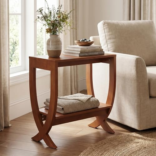 TRIBEWOOD Mesa Auxiliar de Madera Maciza, 2 Niveles con Patas Curvas, Acabado Nogal, Mesita de Noche para Salón y Dormitorio, Ahorro de Espacio, Fácil Montaje