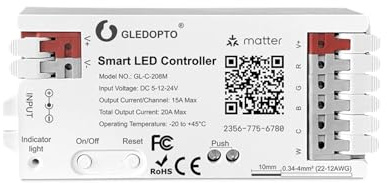 Contrôleur LED Intelligent Matter GL-C-208M | RGBCCT, Compatible with Ap*ple Home, Alexa, Google Home | Variateur pour Bande LED RGB + Blanc Chaud/Froid | DC 5-24V, 20A Max | Installation Facile