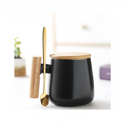 Yuziwi 350ml Keramikbecher mit Bambusdeckel & Goldlöffel – Holzgriff Kaffeetasse – Vintage Büro Becher – Geschenk für Geburtstag Weihnachten (Schwarz + Deckel & Löffel)
