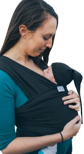 Baby Wrap Sling Organic Stretchy Premium Carrier | UK/EU Safety Tested | Made in UK by Joy and Joe | Suitable from Birth to 16Kg | with Hat, Bag and Full Colour Instruction (Black)